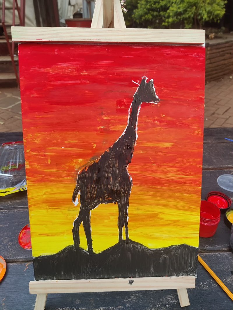 Finished giraffe silhouette sunset painting